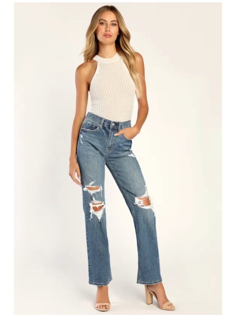 Eunina Codi Distressed Ripped High-Rise Dad Medium Wash Stretch Denim Jeans 26